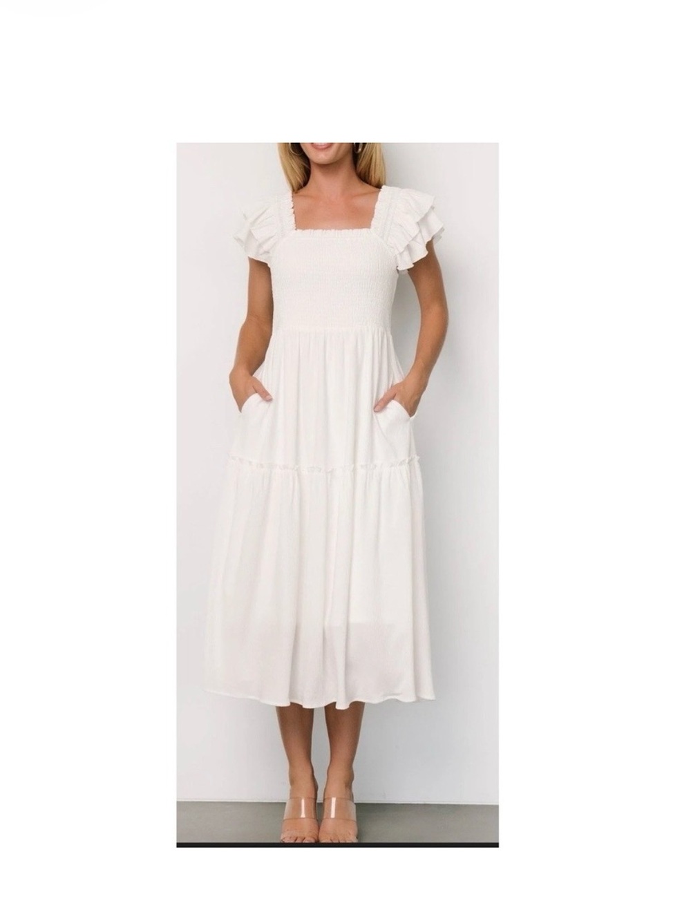 Baltic Born White Smocked Midi Dress with Ruffle Sleeves